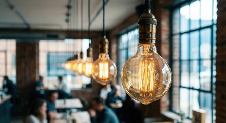 Warm row of vintage Edison light bulbs hanging in a modern industrial cafe interior with golden glowing filaments, soft bokeh background, and cool blue daylight through large windows.