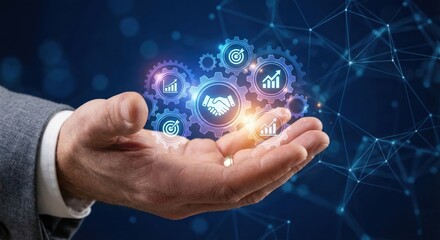 Professional adult businessman in a suit holding a glowing holographic gear system in a modern office representing innovation, business automation, and digital technology concepts.