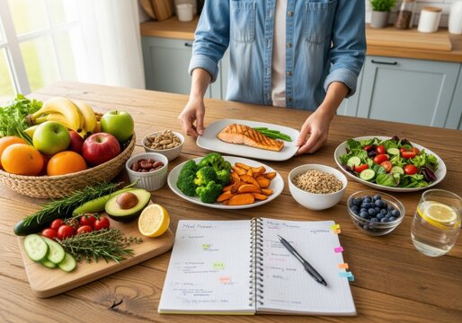 Person arranges plates of nutritious, balanced food on a wooden table near a meal planner