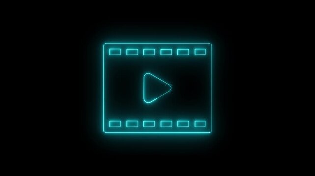Neon film strip icon animation,  looped spin with blink. Video player, music clip, cinema tape, movie frame, video reel. Neon film frame strip tape animation in 4K black background.