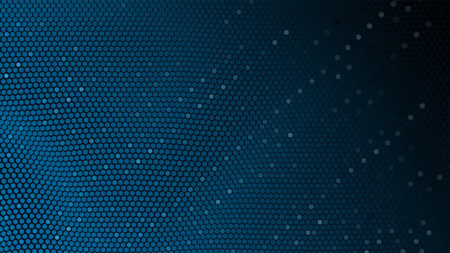 Abstract dark blue background featuring a hexagon grid pattern transitioning into scattered dots. Ideal for modern designs and digital projects.