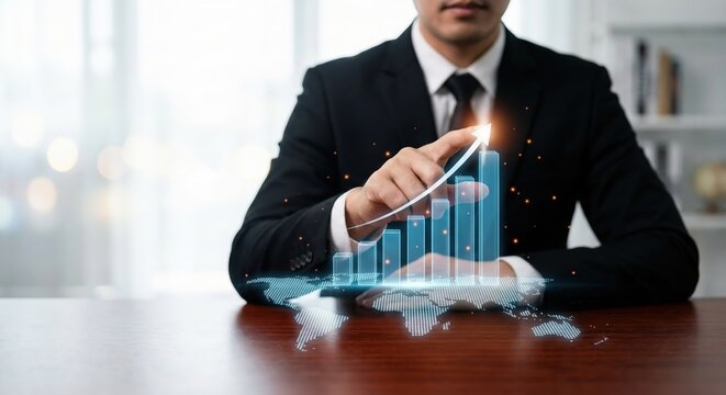 Successful adult man in a black business suit interacting with a glowing digital holographic bar chart showing financial growth and global data in a bright office environment indoors. - Powered by Adobe