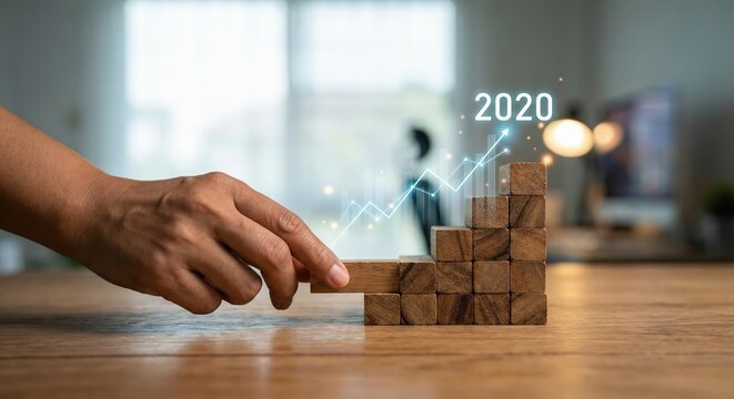 Adult Asian woman indoors during the morning using a pen to point at a rising digital arrow on a wooden block bar chart concept for business growth and success in 2020 - Powered by Adobe