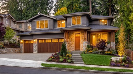 Fototapeta premium Modern two story house with garage surrounded by lush green trees and landscaping