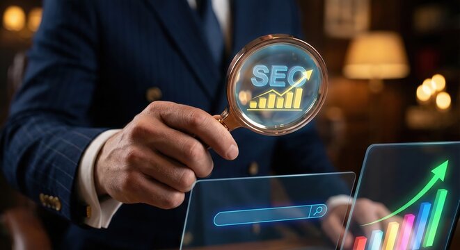 Professional adult Caucasian businessman in a suit analyzing digital SEO growth with a magnifying glass, showing upward charts and search bar in a modern office, concept of marketing success. - Powered by Adobe