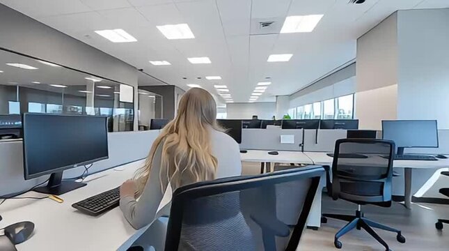 A spacious, contemporary open-plan office features rows of empty cubicles with computers, offering a clean, professional working environment.
