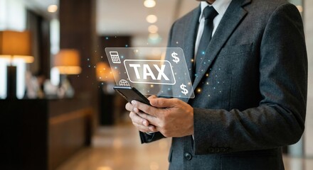 Asian adult man businessman in professional suit using smartphone for digital tax filing and financial management with glowing icons, indoors, professional concept.