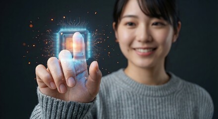 Japanese young adult woman data analyst indoors at night touching a glowing AI digital holographic interface with cloud computing icons, concept of big data and technology.