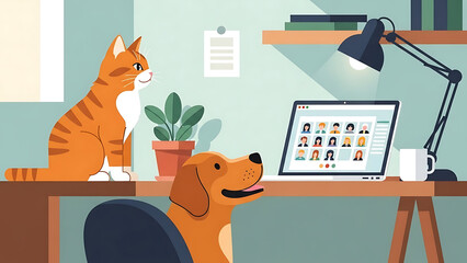 Cat and Dog Watch Laptop Screen with Video Conference Call