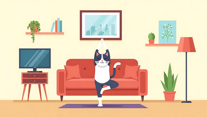 Cat doing yoga tree pose in living room, flat design illustration