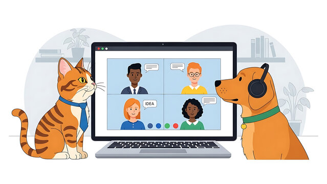 Cat and Dog Watching Video Conference on Laptop, Remote Work Concept - Powered by Adobe