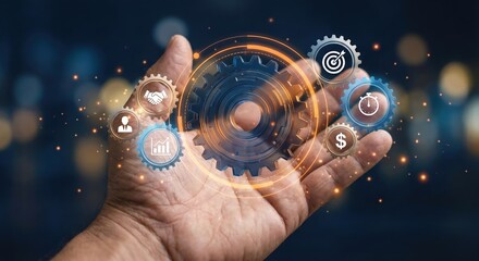 Adult man in dark clothing indoors managing business automation and strategy with glowing digital 3D gear icons and financial symbols, innovative concept of workflow optimization and success.