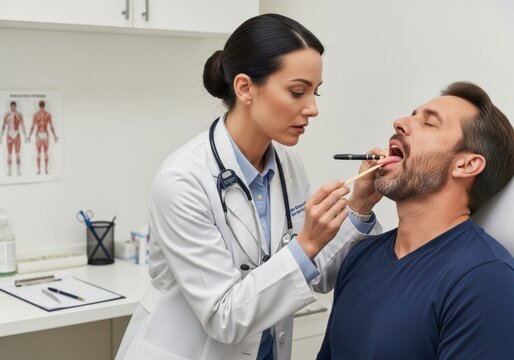 Female physician examines male patient's throat with a tongue depressor and penlight in a clinical setting