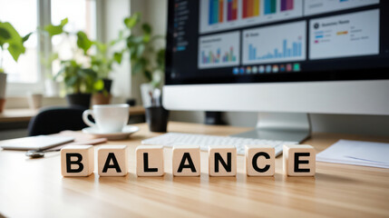 Balance strategy for budgeting and workload management in business planning, the word BALANCE highlighting equilibrium for time allocation, resource control and decision making in teams