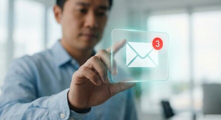 Asian Adult Man in Office Checking New Email Notifications on Holographic Digital Screen Interface, Futuristic Communication Concept, High-Key Tech Background