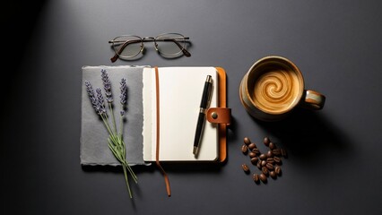 Serene moment with coffee, notebook, and lavender for creative inspiration