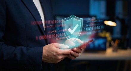 Professional Businessman Using Smartphone with Cyber Security Shield and Binary Code, Data Protection and Privacy Concept for Corporate Network Safety, Asian Adult Male in Office