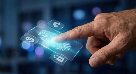 Adult Southeast Asian man using biometric fingerprint authentication for secure digital banking and technology access in a dark indoor setting, cybersecurity and fintech concept.