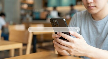 Asian woman using smartphone for internet search indoors, young adult female holding mobile phone with digital search bar icon for SEO and networking concept in a cafe during the day.