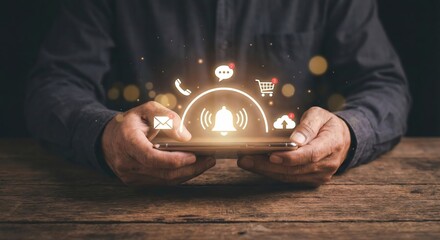 Adult man sitting indoors at a wooden table holding a smartphone with glowing digital notification icons like a bell, email, and chat, representing mobile communication and alert concept.