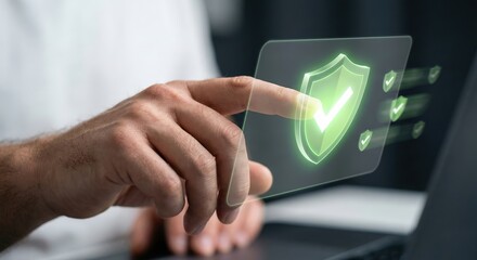 Professional adult man indoors touching glowing digital shield and green checkmarks for cybersecurity and data protection concept, symbol of safety and verification, secure network technology.