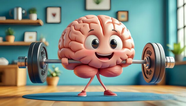 Cartoon brain swings a barbell