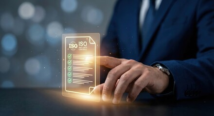 Professional adult man in a suit indoors touching a glowing digital ISO certification document and checklist icon for quality control and business compliance concept