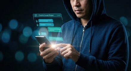 Adult man using AI chatbot on smartphone with digital holographic interface, smart robot communication concept, indoors, tech-focused mood, wearing casual blue hoodie