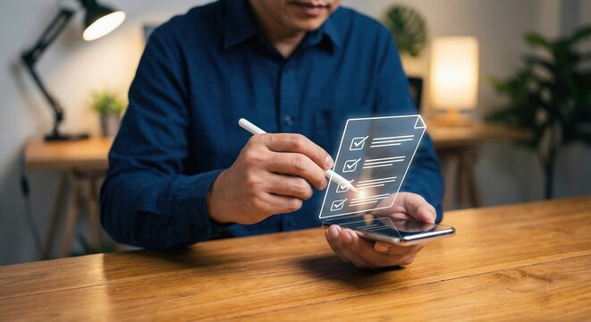 Adult South Asian man using a stylus and smartphone to manage digital documents and checkmarks on a virtual interface while working indoors at a wooden desk, concept of digital transformation. - Powered by Adobe