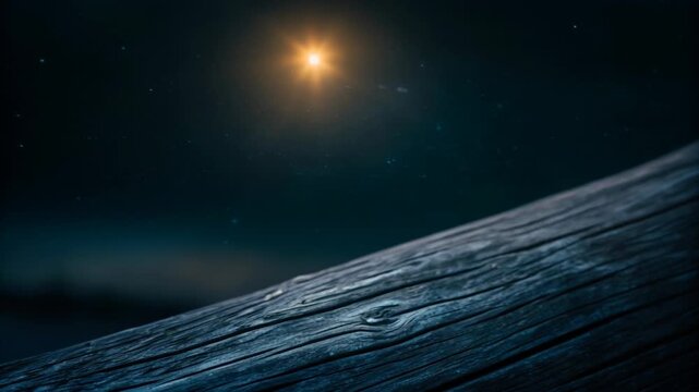 Star shines brightly over Christmas manger concept. Forest landscape at night beneath luminous moon and starry sky.