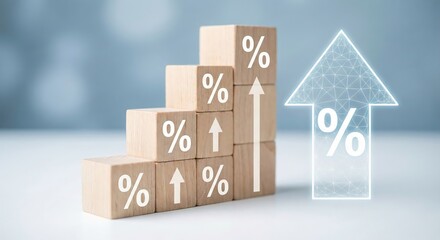 Wooden blocks staircase representing financial growth and rising interest rates with percentage symbols and upward arrows in a clean indoor studio setting with a blue background.