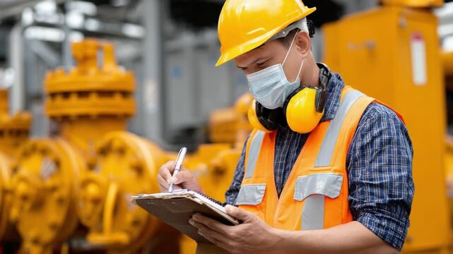 Industrial Inspection: A diligent industrial worker in a hard hat and safety vest meticulously inspects equipment, making notes on a clipboard.