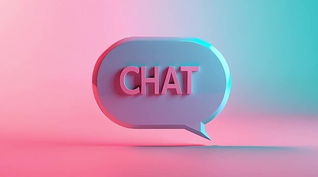 A glossy, three-dimensional red chat bubble featuring the word "CHAT" is boldly displayed against a vibrant pink and teal gradient background.