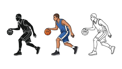 Naklejka premium Basketball player dribbling a ball, silhouette, color illustration, and line art drawing