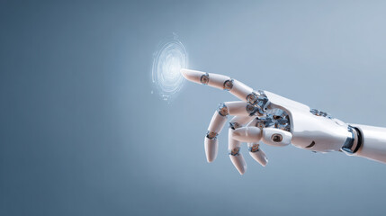An advanced robotic hand with intricate internal mechanics interacts with a digital interface, suggesting technological innovation and automation.