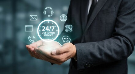 Asian adult man in professional suit holding glowing 24/7 customer service icons indoors. Reliable male support agent providing constant digital assistance with email and phone contact symbols.