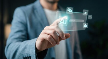 Professional adult White man in a grey blazer interacting with a digital AI chatbot interface and search bar in a modern office, concept of artificial intelligence technology and future of work.