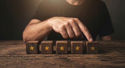 Satisfied adult South Asian man in a black shirt indoors giving a top five star rating on wooden cubes at a desk, expressing customer feedback and excellence concept.
