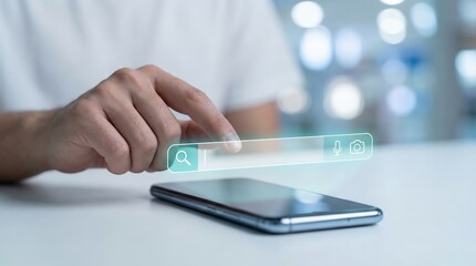 Close-up of an Adult East Asian Man Using a Floating Digital Search Bar over a Smartphone in a Modern Office, Concept of SEO, Internet Browsing, and Search Engine Technology.