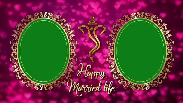 Happy married life greeting card with green oval frames