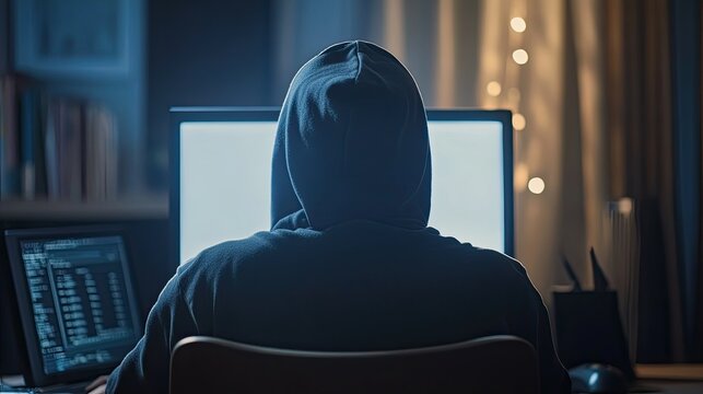 Hooded researcher facing illuminated monitor security research debug session with dual screens, code and terminal windows, vulnerability analysis, exploit testing, diagnostic logs, concentrated