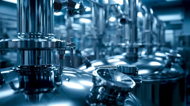 Stainless steel fermentation tanks vessels industrial brewery distillery processing plant equipment shiny metal pipes valves blue lighting