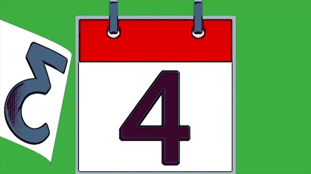 Calendar animation flipping from day one to thirty one on green screen background with cartoon comic style