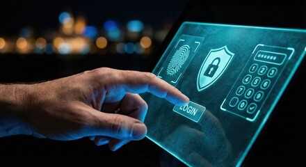 Adult Asian Man Using Biometric Fingerprint Scanner for Cybersecurity Login on Digital Interface Indoors at Night, High-Tech Data Protection Concept