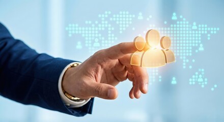 Adult Man Business Leader Touching Golden Customer Profile Icons on Digital Interface for Global Human Resources and Team Management Concept Indoors