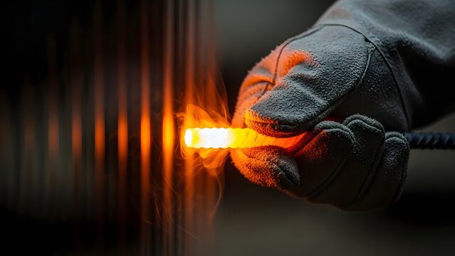 A worker's gloved hand carefully holds a glowing hot metal rod, emitting sparks during a forging process. - Powered by Adobe