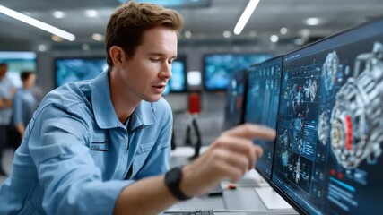 Focused Ingenuity: A skilled technician, engrossed in analyzing intricate designs displayed on a large monitor, demonstrating precision and expertise in a high-tech setting.