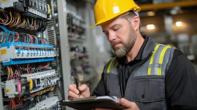 Electrical Engineer at Work: A focused electrical engineer, adorned in a hard hat, meticulously examines and documents intricate electrical components within a bustling industrial setting.
