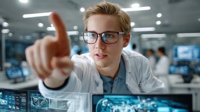 Tech Visionary: An adept individual, eyes focused with a determined gaze, is seen interacting with innovative touch screen technology, embodying the future of technological advancement.