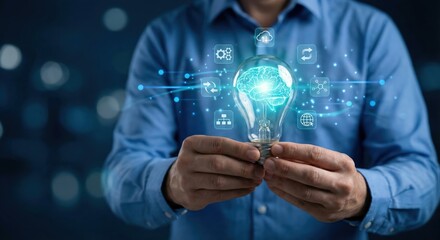 Professional adult white man holding a glowing lightbulb with a digital neural network brain inside, conceptualizing artificial intelligence and innovation in a modern office.